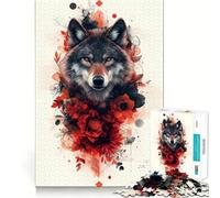 Wolf with Red Flowers Jigsaw 1000 Piece Mind Skill Play Stable Fit No Shifting Parts Enjoyable Pastime for Long Weekends (38x52cm)