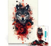 Wolf with Red Flowers Jigsaw Puzzle 1000 Pieces Cognitive Fun Play High Precision Die Cut Unique Gift for Stress Relief (50x75cm)