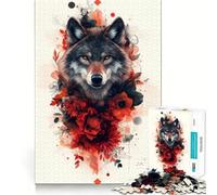 Wolf with Red Flowers Jigsaw Puzzle 1000 Think Boost Game Tight Lock No Loose Pieces Interactive Brain Challenge for Home (38x26cm)