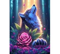 Wolf with Roses Under The Moon 300 Pcs Jigsaw Puzzles Wildlife Pet Puzzles for Adults Teens Relaxing Fun Family Game Team Building Stress Reducing Autumn Durable Cardboard 300 PCS