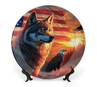 Wolf with U.S.A Flag Printed Ceramic Decorative Plate Chinese Style Bone Dish with Stand China Art Porcelain Plates