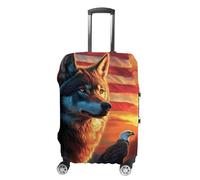 Wolf with U.S.A Flag Travel Luggage Case Cover Washable Suitcase Protector Funny Protective Baggage Fits 19-32 Inch