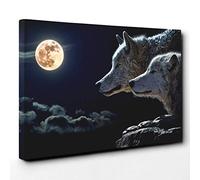 Wolf Wolves and Moon Canvas Print | Gallery Wrapped 30mm Frame Wall Art | 24x16 inches | Ready to Hang | Contemporary Space Picture | Living Room Bedroom Lounge Office