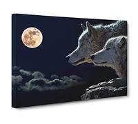 Wolf Wolves & Moon Canvas Print | Gallery Wrapped 30mm Frame Wall Art | 24x16 inches | Ready to Hang | Modern Space Picture | Living Room Bedroom Lounge Office