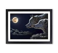 Wolf Wolves & Moon Framed Print | A2 Black Framed Wall Art | Ready to Hang | Modern Space Picture | Living Room Bedroom Lounge Office