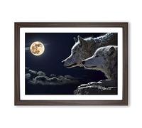 Wolf Wolves & Moon Framed Print | A2 Walnut Framed Wall Art | Ready to Hang | Modern Space Picture | Living Room Bedroom Lounge Office