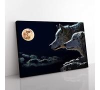 Wolf Wolves & Moon Modern Canvas Wall Art Print Ready to Hang, Framed Picture for Living Room Bedroom Home Office Décor, 76x50 cm (30x20 Inch)