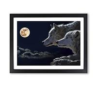 Wolf Wolves & Moon Modern Framed Print | A2 Black Framed Wall Art | Ready to Hang | Modern Space Picture | Living Room Bedroom Lounge Office