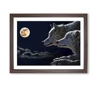 Wolf Wolves & Moon Modern Framed Print | A3 Walnut Framed Wall Art | Ready to Hang | Modern Space Picture | Living Room Bedroom Lounge Office