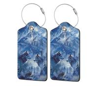 Wolf Wolves Mountains Landscapes Wild Animal Leather Luggage Tags with Privacy Cover - Stainless Steel Cable Id Holder for Suitcase Travel Bag Briefcase