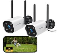 WOLFANG 2K Outdoor Security Camera 2 Pack, CCTV Home Surveillance Camera, IP65 Weatherproof, AI Motion Detection, Infrared Night Vision, Siren Alarm, Two-Way Audio, 2.4GHz WiFi, Cloud & SD Storage