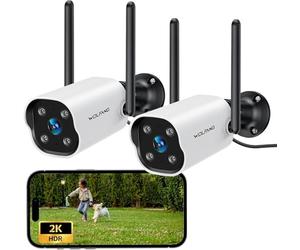 WOLFANG 2K Outdoor Security Camera 2 Pack, CCTV Home Surveillance Camera, IP65 Weatherproof, AI Motion Detection, Infrared Night Vision, Siren Alarm, Two-Way Audio, 2.4GHz WiFi, Cloud & SD Storage