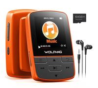 WOLFANG 64GB MP3 Players with Bluetooth 5.3, Sports Clip, Mini Size, Weigh 1 oz, HiF FM Radio, Voice Recorder, Earphones Included,Orange