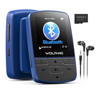 WOLFANG 64GB MP3 Players with Bluetooth 5.3, Sports Clip, Mini Size, Weigh 1 oz, HiFi Speaker FM Radio, Voice Recorder, Earphones included