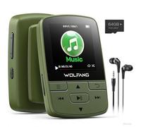 WOLFANG 64GB MP3 Players with Bluetooth 5.3, Sports Clip, Mini Size, Weigh 1 oz, HiF FM Radio, Voice Recorder, Earphones Included,Army gree