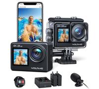 WOLFANG Action Camera 4K 24MP WiFi GA200, 40M Waterproof Underwater Camera for Snorkeling, EIS 170° Wide Angle Dual Screen Vlogging Camera with External Microphone, Charger, Remote Control