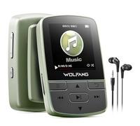 WOLFANG 64GB MP3 Players with Bluetooth 5.2, Sports Clip, Mini Size, Weigh 1 oz, HiF FM Radio, Voice Recorder, Earphones Included, Military Green