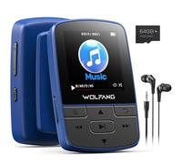 WOLFANG MP3 Players with Bluetooth 5.2, Sports Clip, Mini Size, Weigh 1 oz, HiF FM Radio, Voice Recorder, Earphones Included (Blue)