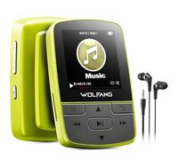 WOLFANG MP3 Players with Bluetooth 5.2, Sports Clip, Mini Size, Weigh 1 oz, HiF FM Radio, Voice Recorder, Earphones Included (Fluorescent Green)-No SD card