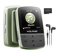 WOLFANG 64GB MP3 Players with Bluetooth 5.2, Sports Clip, Mini Size, Weigh 1 oz, HiF FM Radio, Voice Recorder, Earphones Included, Military Green