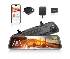 WOLFBOX G840S 12" 4K Mirror Dash Cam with 5.8GHz WiFi, 2160P Full HD Smart Rearview Mirror for Cars & Trucks, Front and Rear Dual Cameras, Night Vision, Reverse Assist, Included 32GB Card & GPS