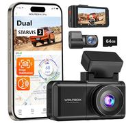 WOLFBOX X3 PRO Dash Cam Front and Rear, Dual 5MP STARVIS 2 IMX 675, 1440P 60FPS+1440P ADAS Car Camera, Image Stabilization with 5.8GHz WiFi, Voice Control & Touch Screen, 64GB Card & GPS Included