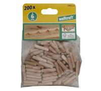 wolfcraft 200 Beech Wood Dowel Pins - 6 mm Ribbed Fluted Connectors | Grooved texture for secure wood joints. Compatible with dowelling jig and dowelmaster. Made in Germany. 2905000