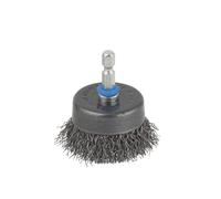 wolfcraft 50 mm Wire Cup Brush for Drill - Hex Shank Derusting Attachment | Corrugated steel wire for rust removal and weld prep on metal, wood and stone. Certified EN 1083-2 quality. 2106000
