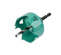 wolfcraft Carbon Steel Hole Saw, Ø 60 mm for Wood and Drywall | Low resistance triple tooth groups, 30 mm cutting depth, includes mandrel and 6 mm centring drill bit. 5966000