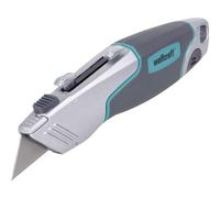 wolfcraft Dual Blade Knife - Heavy Duty Cutter for Trapezoid & Hook Blades | Professional metal casing with soft grip, 2 sliders, integrated blade magazine and 4 blades included. 4200000