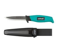 Wolfcraft Outdoor Knife - Serrated 95 mm Stainless Steel Blade with Sheath | Fixed blade knife for camping, crafts and hobbies with ergonomic soft grip handle and plastic belt sheath. 4086000