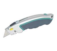 wolfcraft Retractable Quick-Change Trapezoid Utility Knife with 5 Blades | Heavy duty metal casing, ergonomic grip, integrated cord cutter, and spare blade magazine for convenience. 4131000