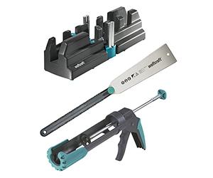 wolfcraft Skirting Board Kit - Bevel & Mitre Box, Japanese Saw and MG 200 Caulking Gun for Precise Baseboard Fitting - 6977000