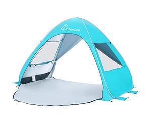 WolfWise Pop Up Beach Tent for 3-4 Person, UPF 50+ Sun Shelter with Quick Setup, Portable & Ventilated Beach Shade, Includes 10 Pegs, 4 Guy Ropes & 4 Sandbags for Stability