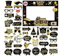 WOLHOWLTD Retirement Party Photo Booth Props Kit - 27pcs Paper Photo Props 1 Frame Glitter Retirement Party Decorations for Retiree Celebration, Farewell Office Party Supplies (Black and Gold)