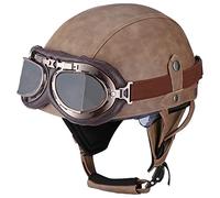 Woljay Vintage Leather Motorcycle Retro Half Helmet Men Women Adult for Scooter Bike Cruiser with Goggles and Drop Down Sun Lens (Small, Brown)
