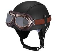 Woljay Vintage Leather Motorcycle Retro Half Helmet Men Women Adult for Scooter Bike Cruiser with Goggles and Drop Down Sun Lens (Large, Black)
