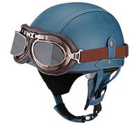 Woljay Vintage Leather Motorcycle Retro Half Helmet Men Women Adult for Scooter Bike Cruiser with Goggles and Drop Down Sun Lens (Medium, Blue)