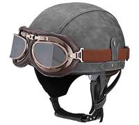 Woljay Vintage Leather Motorcycle Retro Half Helmet Men Women Adult for Scooter Bike Cruiser with Goggles and Drop Down Sun Lens (Small, Grey)