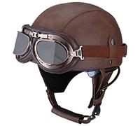 Woljay Vintage Leather Motorcycle Retro Half Helmet Men Women Adult for Scooter Bike Cruiser with Goggles and Drop Down Sun Lens (Small, Dark Brown)