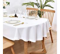 Wolkemer Faux Linen Oval Tablecloth Heavy Duty Wrinkle Resistant Fabric Table Cloths 60 x 84 Inch White Farmhouse Rustic Table Cover for Kitchen Dining Indoor Outdoor Tabletop Decoration