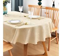 Wolkemer Shiny Small Oval Jacquard Tablecloth 52 x 70 Inch Beige Floral Countryside Leaves Damask Patterns Table Cloth Glossy Fabric Table Cover for Dinner Kitchen