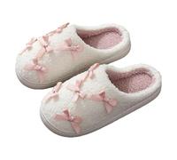 Wolken Women's Slippers, Warm Cottage Shoes, Winter Slippers, Cute Bow Slippers, Flat Non-Slip House Slippers, Fluffy Plush Slippers, Front Closed Soft Slippers, White, 6 UK