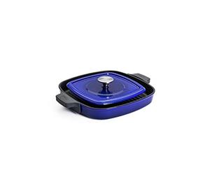 Woll Iron Square Grill Pan with Grooves, Includes Steak Press and Silicone Handles, Inductive, 28 x 28 cm, 4.5 cm High, Suitable for All Cookers, Cast Iron, Oven-Safe up to 250°, Blue