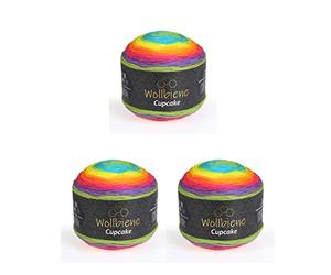 Wollbiene Cupcake 3 x 150 g Knitting Wool 450 g Rainbow Gradient Wool (Multicolor) for Knitting and Crocheting
