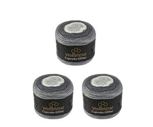 Wollbiene Cupcake Glitter 3 x 150 g Knitting Wool 450 g Acrylic Blend Gradient Wool Glitter (3100 Dark Grey Light Grey White)
