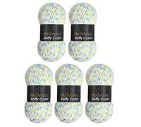 Wollbiene Softy Color 5 x 100 g Chenille Wool Knitting Wool, Baby Wool, 500 g Super Bulky (White-Blue-Yellow 114)