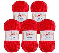 Wollidu Gina Chenille Yarn for Knitting and Crocheting 5 x 100 g / 120 m Set 100% Polyester - Red