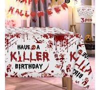 Wollmix Halloween Birthday Tablecloth 108x54 Inch - 3Pcs Disposable Bloody Horror Scary Red Table Cover, Wicked Party Decorations Supplies for Boys Girls with Killer Kills Design Favors Dinner Decor