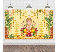 Wollmix Pooja Ganpati Decoration Banner Indian Puja Cloth Items Backdrop Traditional Chatiya Ganesh Mehndi Photography Background Festival Wedding Party Marigold Garlands Photo Booth 70.8x43.3inch